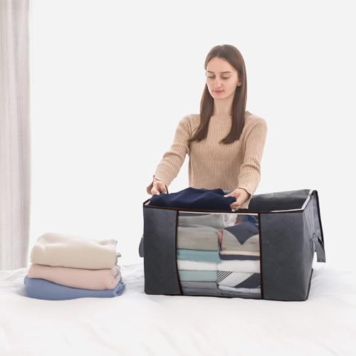 Image of Lifewit 3 Pack 90L Clothes Storage Bins with Lids, Foldable Blanket Storage Bags with Zippers, Clear Window and Reinforced Handles, Closet and Organization for Clothing, Sweater, Comforter, Bedding