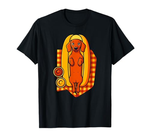Lustiger Dackel-Hund im Brötchen mit Ketchup und Senf T-Shirt