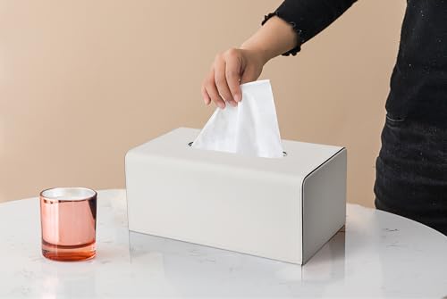 Tissue Box Cover, PU Leather Rectangular Tissue Box Holder with Magnetic Bottom Cover for Facial Tissues/Napkins, Office & Living Room Decor Box for Standard 120-count/160-count (2-Ply) Ivory White by KINGFOM - Used condition - Image 5