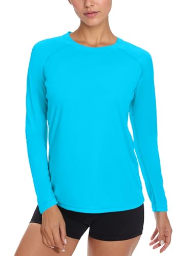 NEYOUQE Long Sleeve Tops Women Gym Clothes for Women Base Layer Sun Protection T Shirt Womens Sports Top Ice Blue S