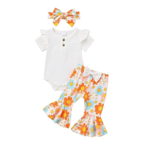 Image of Bekarsy Baby Girl Clothes Infant Rib Button Short Sleeve Romper Leopard Flared Pants Headband Summer Clothing Set 3pcs
