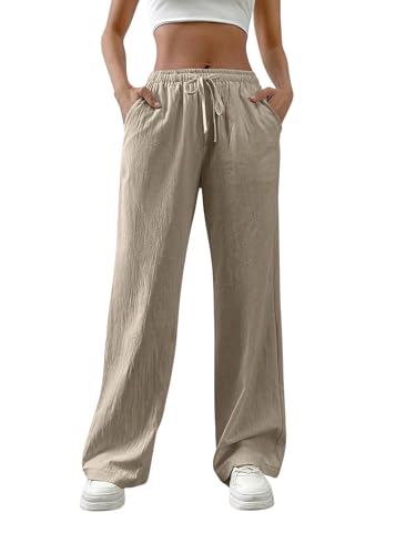 Image of TOPLOT Women's Linen Blend Wide Leg Palazzo Pants | Elastic Drawstring Waist Trousers for Woman | Relaxed Fit Casual Lounge Trousers | Breathable Straight Leg Everyday Bottom Wear (5268)