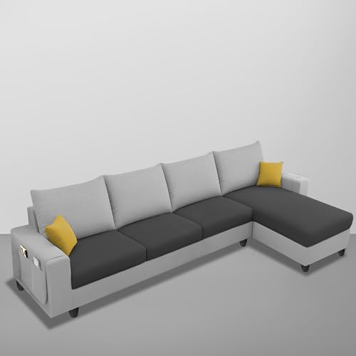 Image of Casaliving Porto RHS 6 Seater L Shape Sofa Set for Living Room (Black Grey Fabric) Premium Velvet Fabric Sofa Set