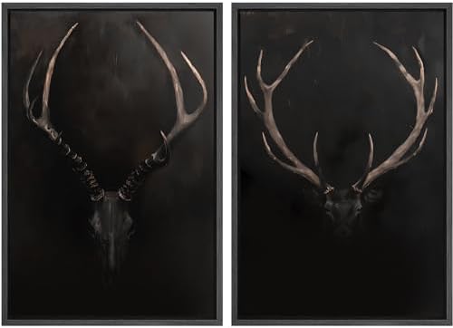 SIGNWIN Framed Canvas Print Wall Art Rustic Antler Skull Dark Dramatic Black Vintage-Inspired Deer and Elk Antlers Illustrations Decorative for Living Room, Bedroom, Office - 24"x36"x2 Black
