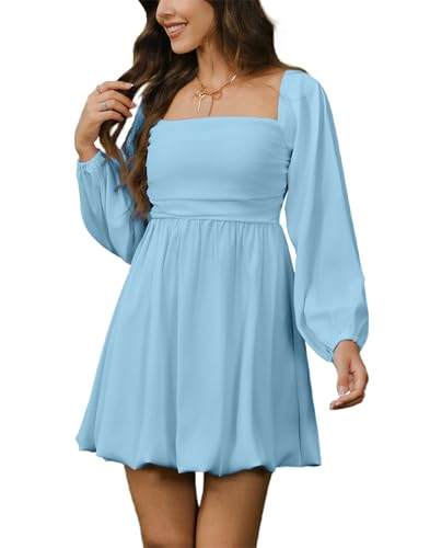 Image of HYPERFIRE Women's Square Neck Long Sleeve Bubble Mini Dress Pleated Smocked A Line Wedding Dresses