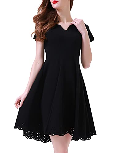 Aphratti Women s A Line Cute Cocktail Party Short Sleeve Scalloped Skater Dress X-Large Black