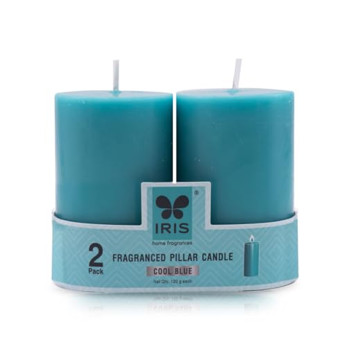 Image of IRIS Home fragrances Pack of 2, Cool Blue Fragrance Pillar Candles- 120G Each- 2 inchX 3 inch (Cool Blue)
