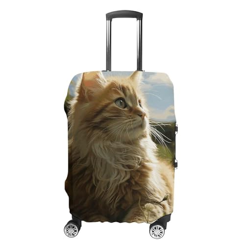 Cat Sitting in Green Field Luggage Cover, Washable Elastic Suitcase Cover Protector Fit 18-32 Inch Luggage