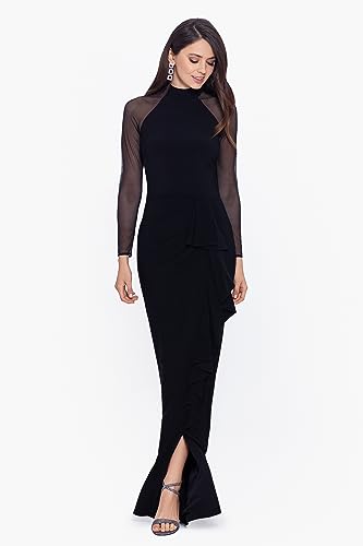 Image of Betsy & Adam Women's Jersey Knit Illusion Mock Neck Long Sleeve Ruffle Slit Floor Length Dress