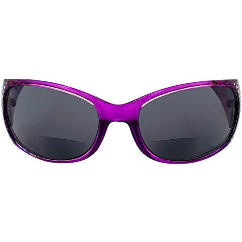 Global Vision Galaxy Womens Bifocal Fashion Motorcycle Sunglasses Chrome Rhinestone Look Lavender Frames Smoke Lenses 2.0 Magnification2