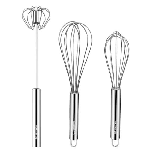 Image of NileHome Stainless Steel Whisk Set 8 inch 10 inch Hand Blender + 12 inch Semi-Automatic Rotary Kitchen Whisk Kitchen Wisk Wire Whisks for Cooking, Whisking, Blending, Beating, Stirring- 3 Pack...