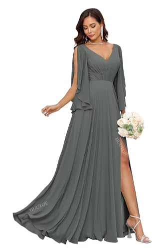 Image of HUUTOE Sexy V Neck Long Steel Grey Dress for Women Bridesmaid Ruffle Sleeve A Line Chiffon Plus Size Mother of Bride Dresses for Wedding 2026 4XL US24W