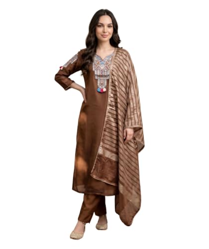 Image of Naixa Women's Pure Cotton Embroidered Straight Kurta with Pant and Dupatta Sets for Wedding and Festival Wear