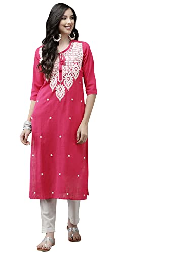 Image of ishin Women's Cotton A-Line Embroidered Beads and Stones Floral Print Pink Kurti