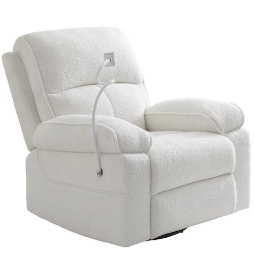 YuuYee Teddy Fleece 360&deg; Swivel Rocker Recliner Nursery Rocking Chairs with Phone Holder Manual Gilder Recliner Chair with Wide Foot Rest for Living Room and Baby Room