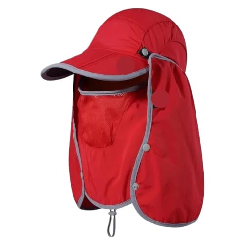 Chapeau de pêche léger pliable rouge avec masque facial et couvre-cou pour randonnée