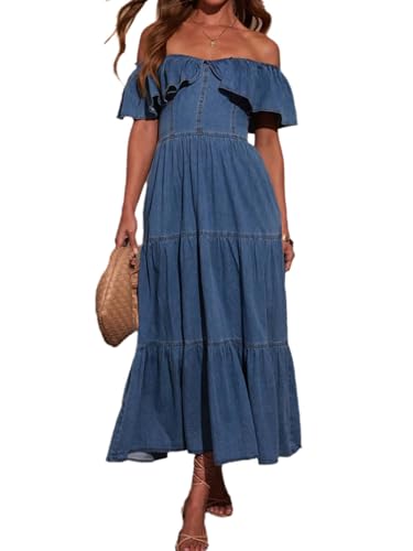 white christmas dresses Pansy Scoop Neck Flounce Hem Maxi Dress Denim– Selfie Leslie main image 1