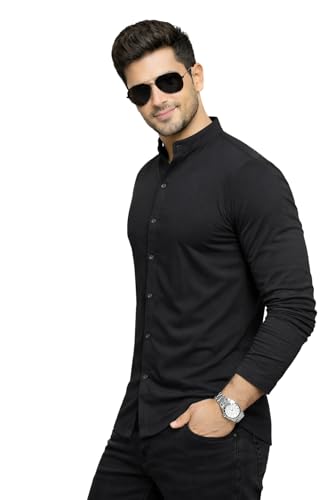 Image of Blisstone Men's Band Collar Shirt - Full Sleeve Slim Fit Casual Cotton Blend Mandarin Collar Button Down Shirt
