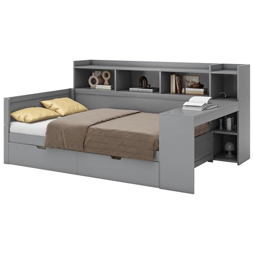 Sofá cama diván cama cama 90 x 200 cm, mesita de noche y bandeja debajo de la mesa, cama con enchufe y puerto USB, 2 cajones, escritorio, sin colchón, tablero de partículas, gris