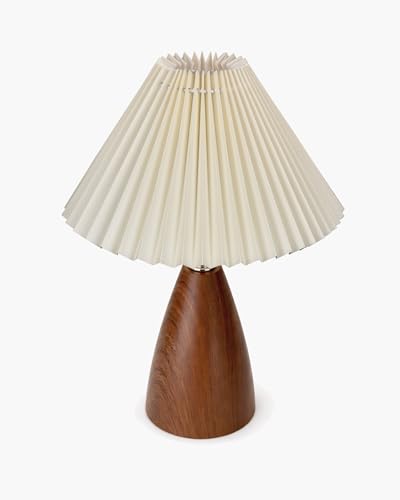 Image of Homesake Wood Grain Pattern Small Table Lamp, Desk Light, Wooden Bedroom Lamps for Nightstand, Scalloped Lamp Shade Table Lamps Small Spaces, Bedroom, Living Room, Taper Cone, (Pleated Off-White)