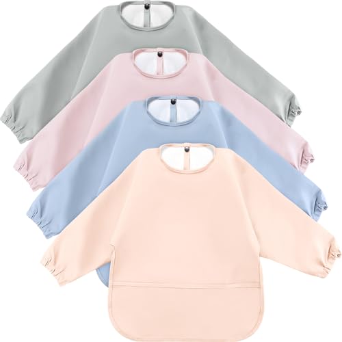 JaGely 4 Pack Long Sleeve Bibs Baby Smock Waterproof Sleeved Bids with Food Catcher for Baby Eating Feeding Ages 6-36 Months
