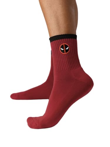 Image of The Souled Store Deadpool: Red Logo Socks | Official Marvel Merchandise | Premium Cotton Crew Socks for Men & Women | Iconic Super Hero Graphic Printed Socks | Unisex One Size Fit
