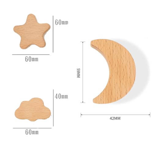 BOOLSFMAM Tier Holz Schrankknöpfe, 6 Stück Massivholz Schubladen Knöpfe Kinder, Sterne, Mond, Wolken Knauf für Schrank Möbelknöpfe Kinder