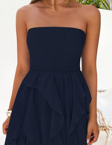 ZESICA Women's 2025 Summer Strapless Mini Dress Off Shoulder Smocked Tiered Irregular Irregular Ruffle Beach Tube Sundress4