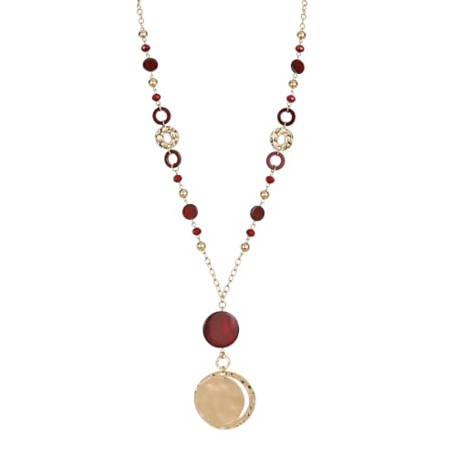 Elisheva Fashion Long Pendant Necklace for Women, Boho Fashion, Chunky Silver/Gold Disc Circle Pendant Tassel Y-Necklace, Vintage & Elegance, Sweater Chain Necklace, Sea Shell Beaded Jewelry (Burgundy)
