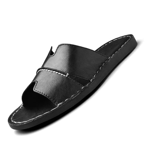 Image of Men's Leather Cutout Slides Sandals Comfortable Lightweight Open Toe Anti-Slip Soft Bottom Slip On Slippers Summer Outdoor Casual Beach Sandals
