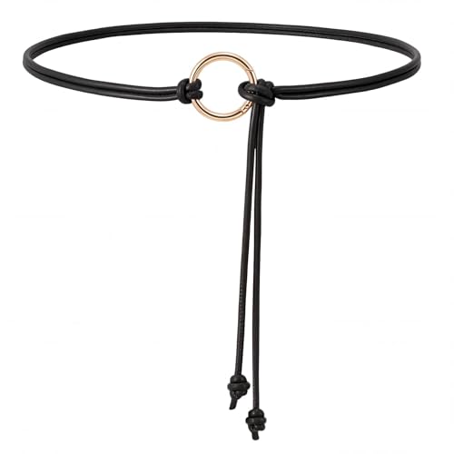 WHIPPY Women Skinny Leather Belts for Dresses Boho Thin Leather Knotted Waist Belt Black Fit Waist Size up to 35