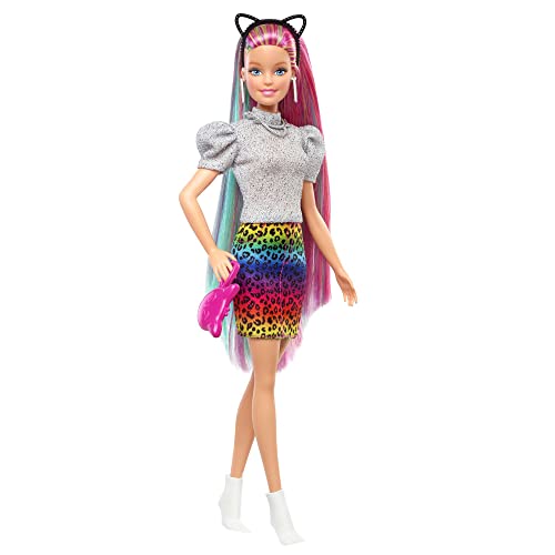 Muñeca Barbie Leopard Rainbow Hair con accesorios de peinado miniatura 6
