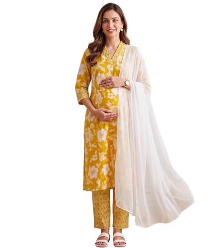 Image of DUMMY SHAPE Feeding Kurtis for Women Cotton Blend | Floral Kurta Pant Dupatta Set with Nursing Zippers to Pre & Post Partum | Maternity Dresses | Mom to Be Gifts for Pregnant Woman