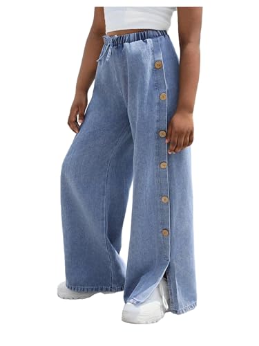 MakeMeChic Girl's Elastic Waist Tie Front Jeans Button Split Side Wide Leg Long Denim Pants