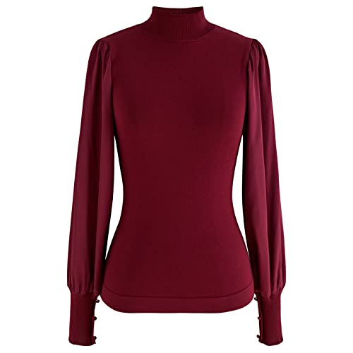 Image of CHICWISH Women's Mock Neck Satin Spliced Bubble Sleeves Knit Top