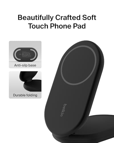 Image of Belkin MagSafe Qi2 Wireless Charger | 2-in-1 Magnetic Foldable 15W | Fast Charger for iPhone 16, 15, 14, 13, 12 | Charging Station with Non-Slip Base | PSU Included | Black