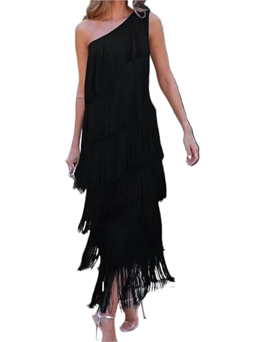 Robe à frange hors épaule avec coupe asymétrique fluide élégante