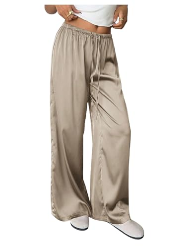 MakeMeChic Womens Satin Pants Drawstring Waist Straight Leg Chocolate Brown Silk Lounge Pants Khaki Medium