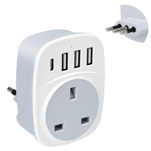 UK to Italy Plug Adapter SHUOMAO UK to Italy Travel Adapter with 4 USB(17W USB C Charger) Converter Power Adapter for Italian Chile Ethiopia Libya Syria Tunisia Uruguay(Type L)