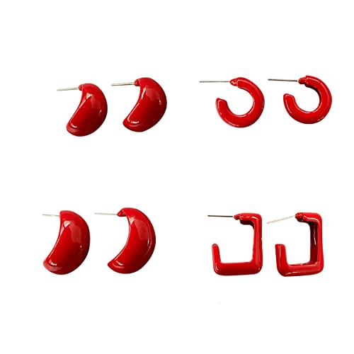 ASHMITA 4 PCS Red Alloy Lacquer Set Earrings Acrylic Resin C Shape Open Hoop Earrings Jewelry for Women