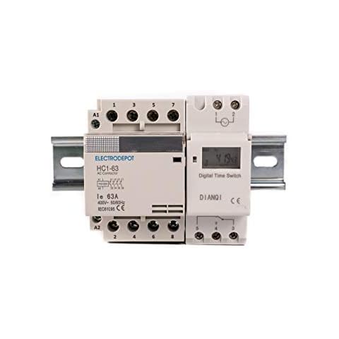 Electrodepot 40 Amp 4 Pole Normally Open 110-120VAC Coil (Silent Operation) Motor Load 40A and Lighting Load 63A Contactor Bundle with 24-7 Electronic Programmable Timer and DIN Rail 35 x 150 mm Cover