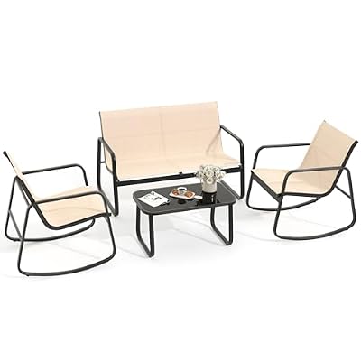 YITAHOME 4 Piece Patio Furniture Set, Small Backyard Bistro Rocking Chairs, Loveseat and Glass Table, Textilene Outdoor Conversation Set for Lawn, Garden, Balcony, Poolside (Brown)