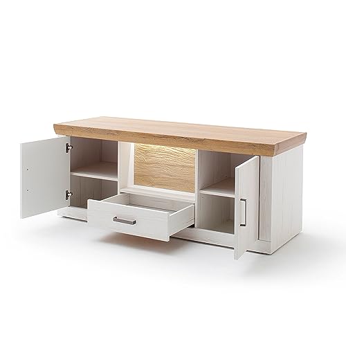 Lomadox Wohnzimmer Wohnwand mit TV Board 154cm breit, Wandregal und Higboard in Pinie weiß mit Eiche Nb., mit LED-Beleuchtung, Landhausstil, Schrankwand, Set B/H/T ca. 275/181/50 cm – Bild 8
