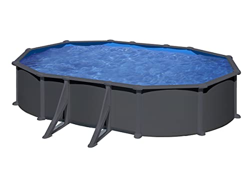 Gre Pools Piscine Ovale Acier 6,34m x 3,99m x H: 1,32m - Gris Anthracite - Filtration à Sable - Renforts apparents