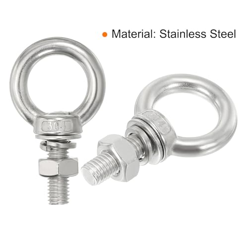Image of uxcell M4x30 3 /16 inchx1.18 inch Stainless Steel Eye Bolts Threaded Screw Eyebolt Shoulder Ring with Nuts Washers for Lifting Hanging, 4 Set