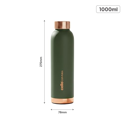 Image of CELLO Evita Copper Water Bottle For Daily & Office Use 1000 ml, Green | Leakproof & Rustproof ISI Certified Single Wall 100% Pure Copper Promotes Immunity, Improve Digestion & Supports Healthy Living