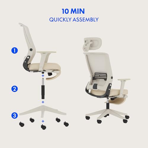 FLEXISPOT Foldex Składane krzesło biurowe, ergonomiczne krzesło z podparciem lędźwiowym, podłokietniki z regulacją wysokości, zagłówkiem 2D, krzesła biurowe z podnóżkiem, beżowe