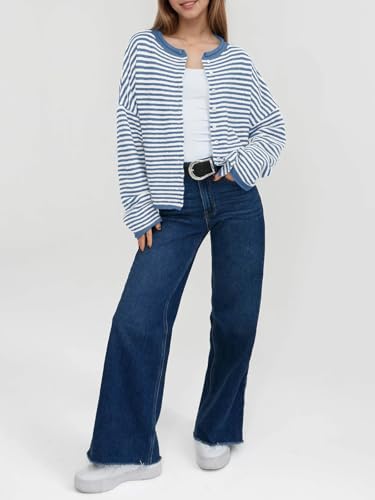 Image of Saodimallsu Womens Striped Cardigan Casual Long Sleeve Open Front Button Down Loose Knit Lightweight Fall Sweaters