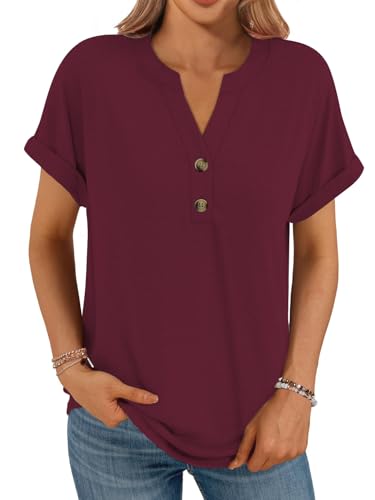 Cuptacc Top Femme avec Boutonnés Col V Manche Courte Mode Couleur Uni Tee Shirt Femme Grande Taille Bordeaux Moyen M 38-40