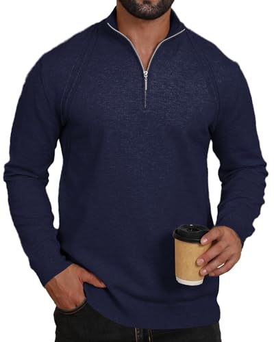 Mens Knit Pullover Sweater Quarter Zip Thermal Long Sleeve Slim Mock Neck Ribbed Thick Sweater
